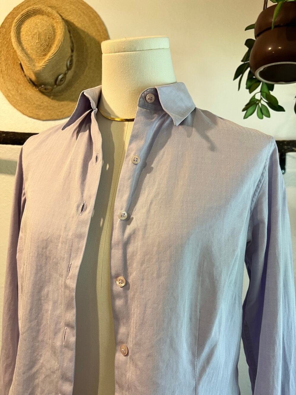 Thomas Pink Light Blue Herringbone Knit Collared Dress Shirt Women Size Small